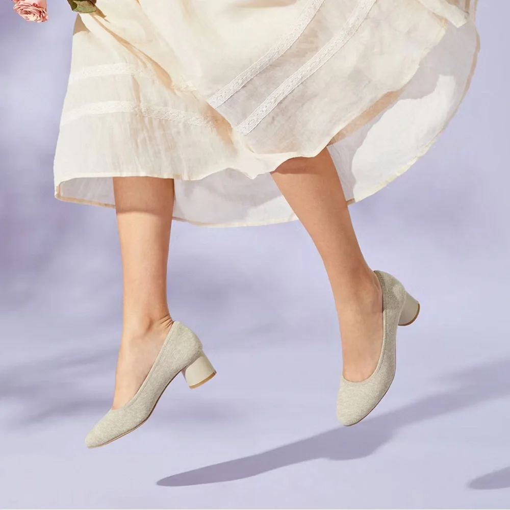 VIVAIA Cream Elvia Round-Toe Chunky Heels Womens Size 37 Comfort Knit